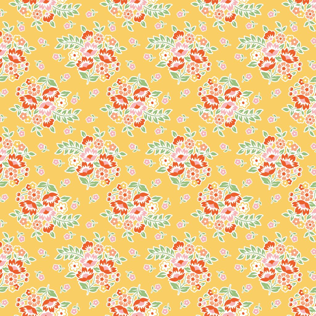 Floral pattern with red, pink, and green flowers on a yellow background