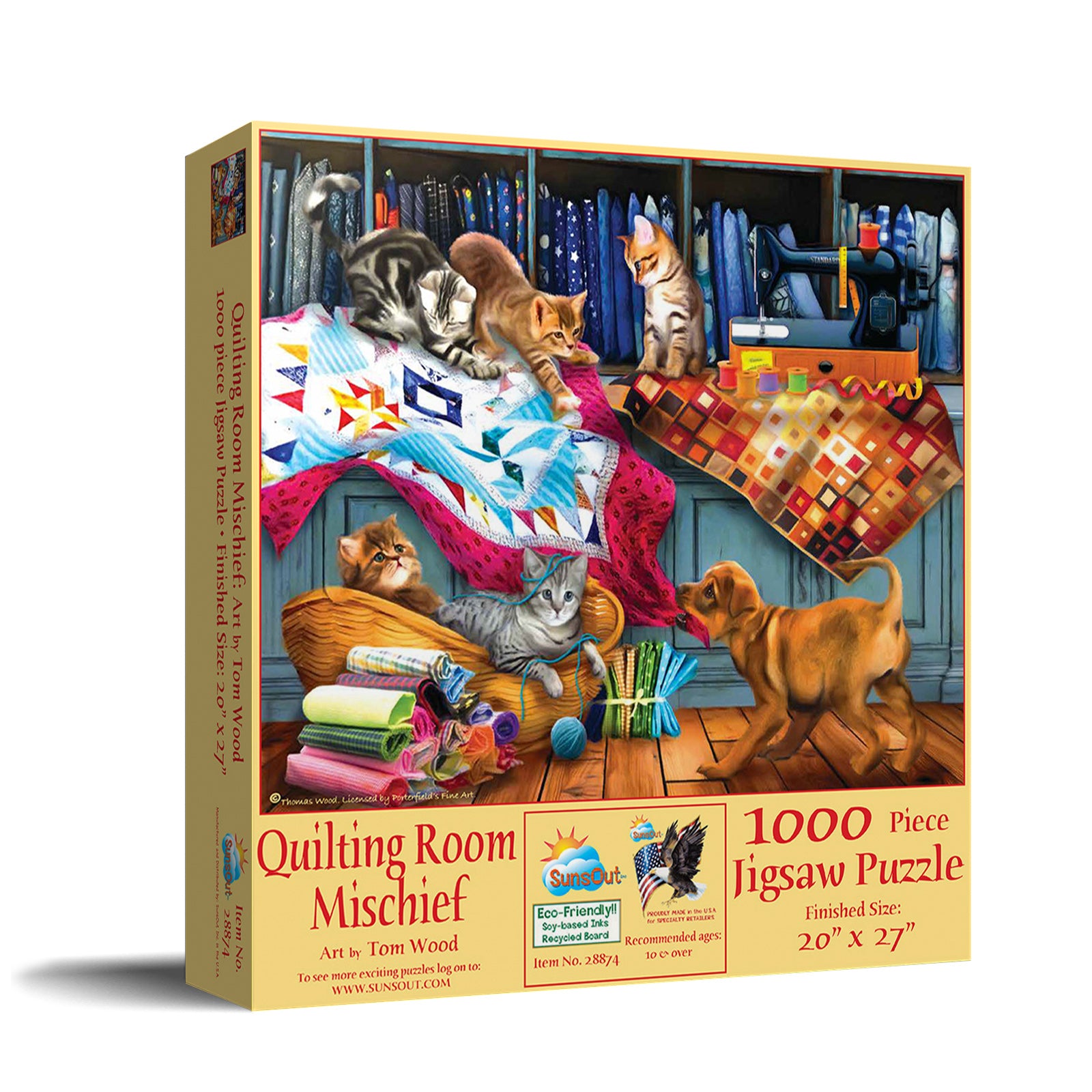 Jigsaw puzzle box featuring cats and a dog in a quilting room