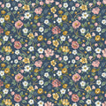Floral pattern with pink, yellow, and white flowers on a blue background