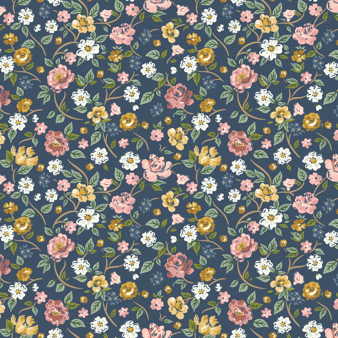 Floral pattern with pink, yellow, and white flowers on a blue background