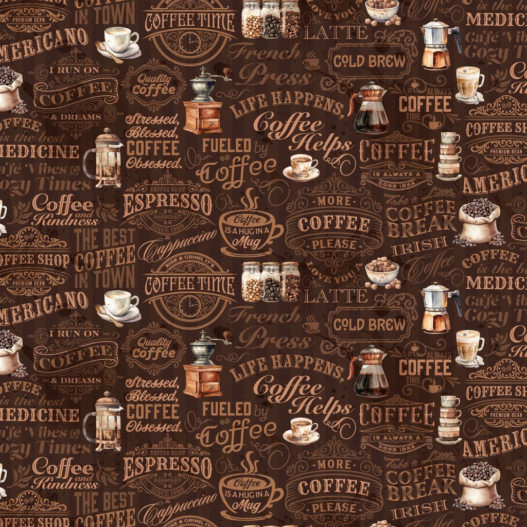 Patterned fabric with coffee-themed text and graphics on a brown background