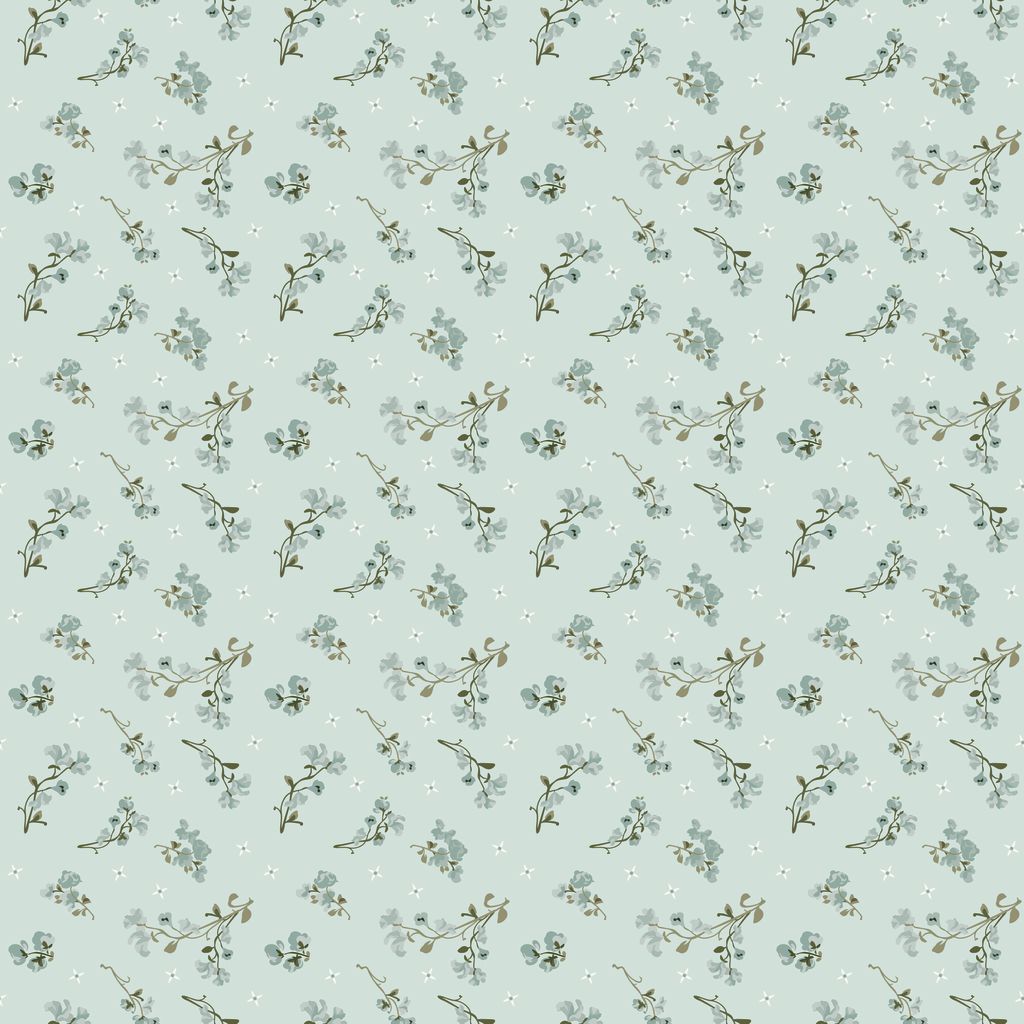Pattern of small flowers and leaves on a light blue background