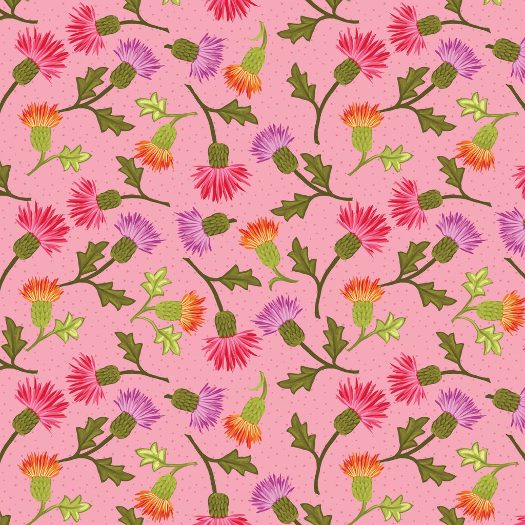 Pattern of colorful flowers on a pink background