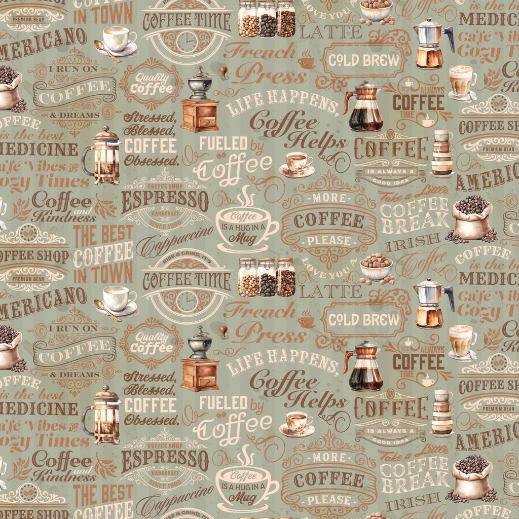 Patterned fabric with coffee-themed text and graphics on a beige background