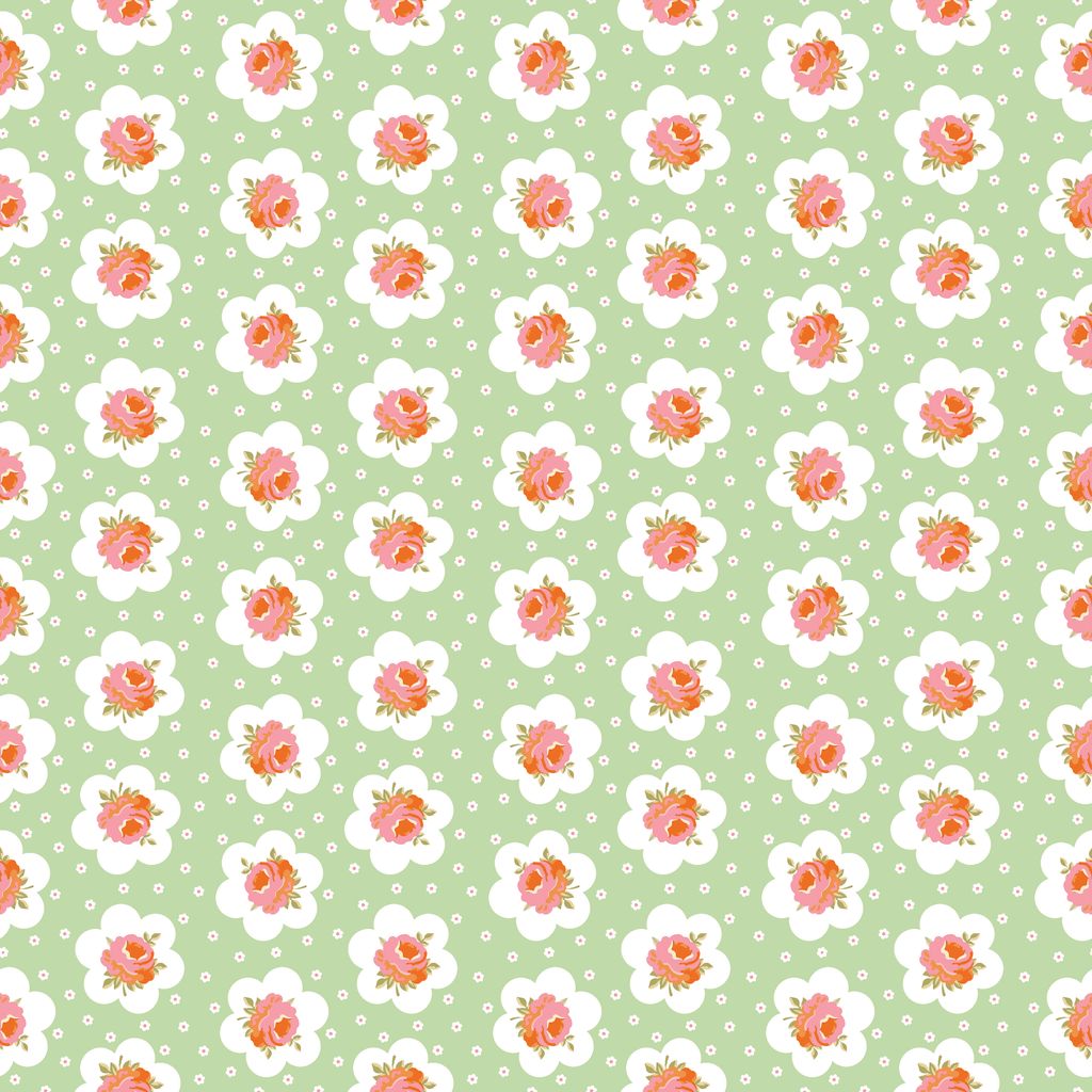 Pattern of pink flowers and white polka dots on a green background
