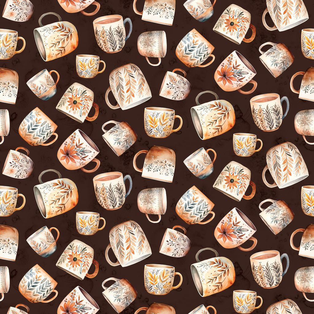 Pattern of decorative mugs with floral designs on a brown background