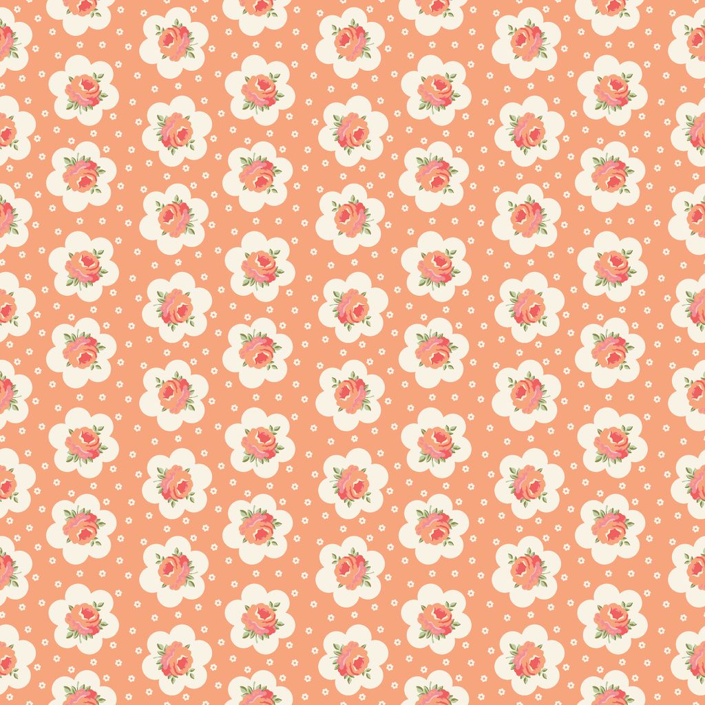 Pattern of pink flowers and white polka dots on a peach background