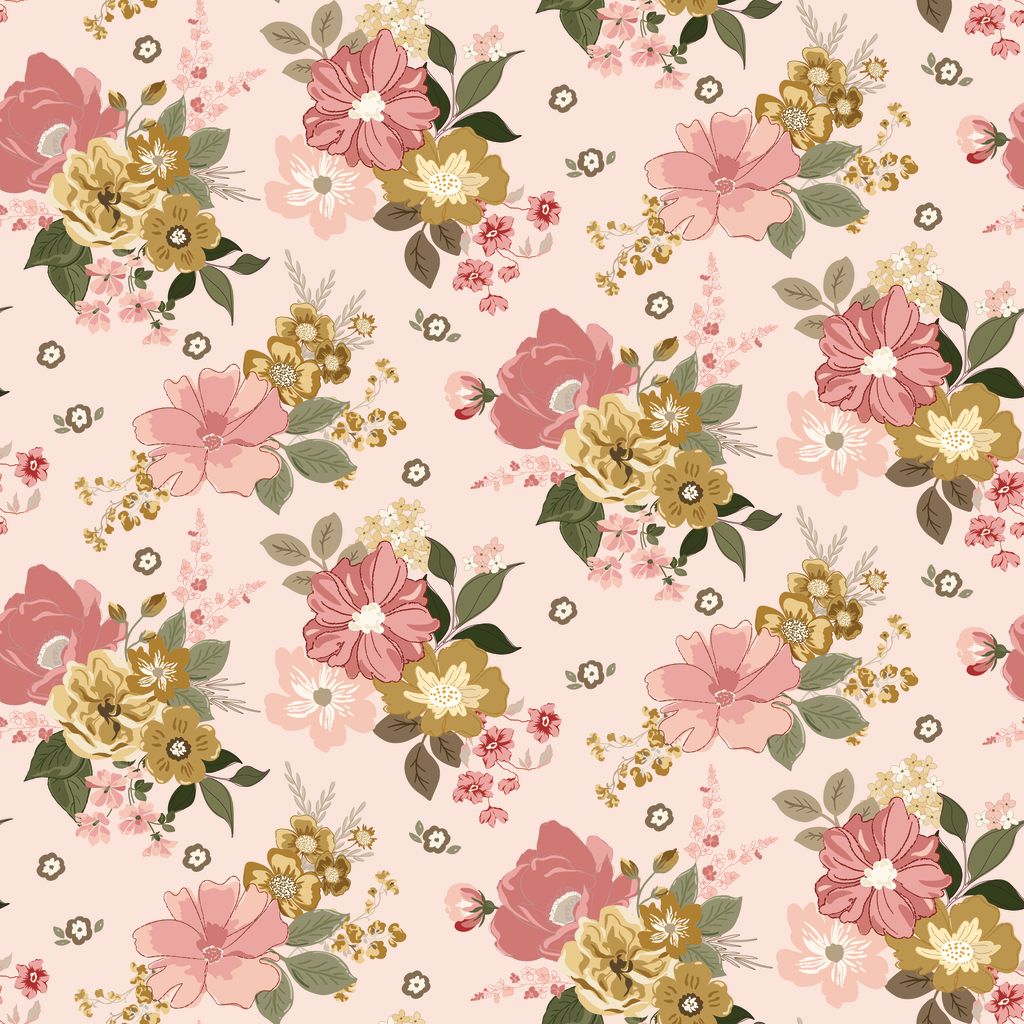 Floral pattern with pink and yellow flowers on a light pink background