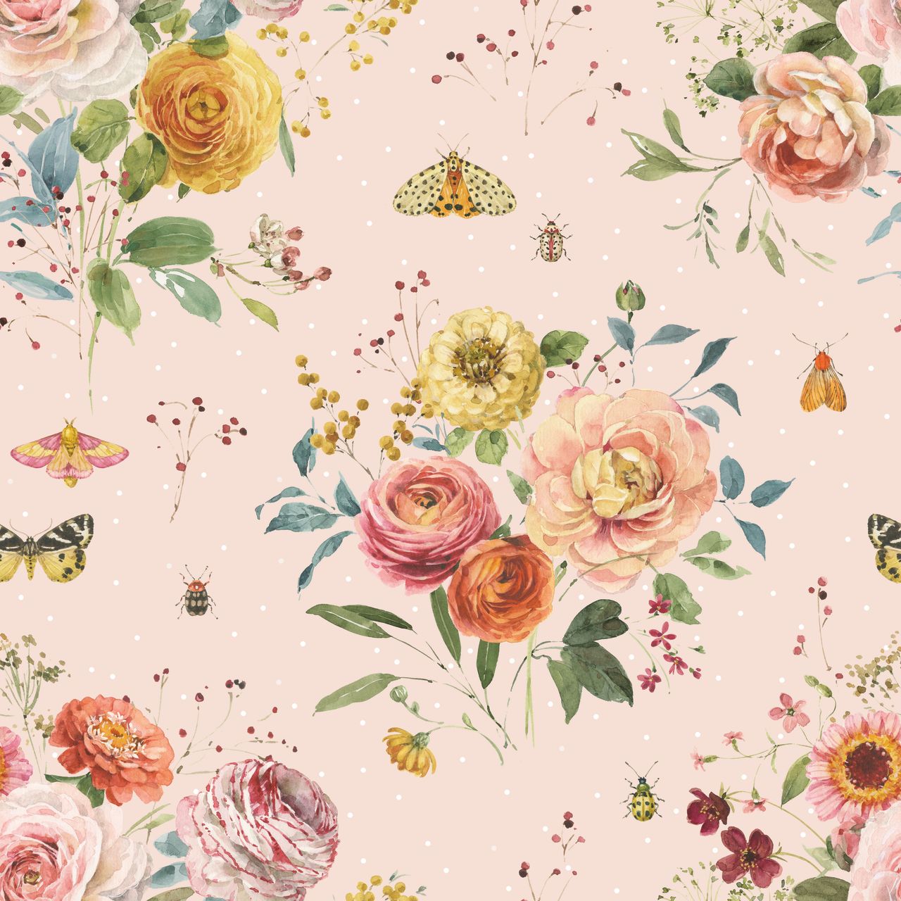 A repeating watercolor floral pattern on a pale blush pink background with white dots. The design features large and small roses in pink, peach, yellow, and coral, green leaves, small yellow flowers, and butterflies and moths in muted yellow, orange, and pink tones.