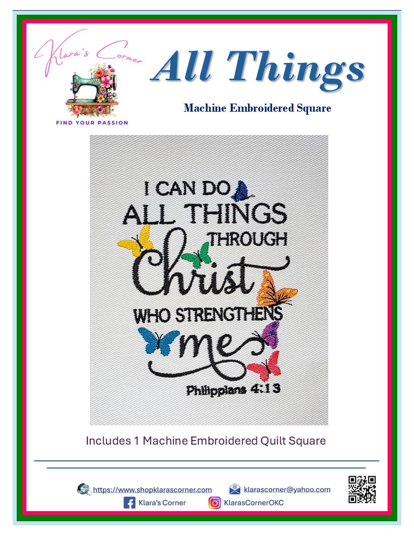 I Can Do All Things Machine Embroidered Square