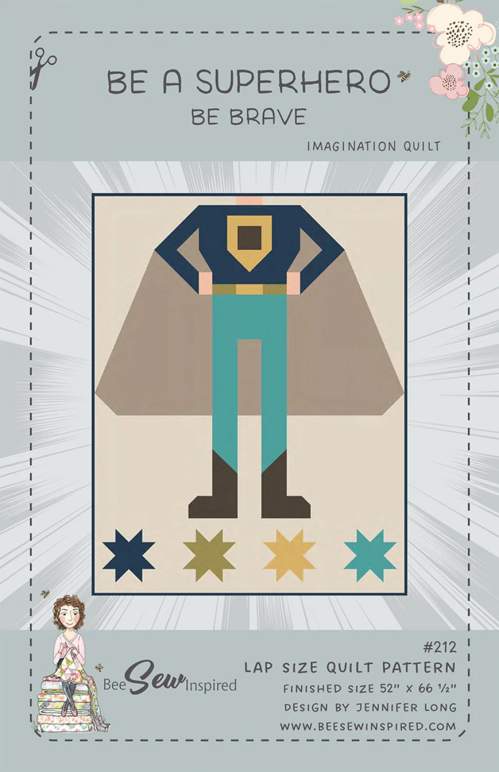 Imagination Quilt pattern cover with superhero design and text 'Be a Superhero, Be Brave'.