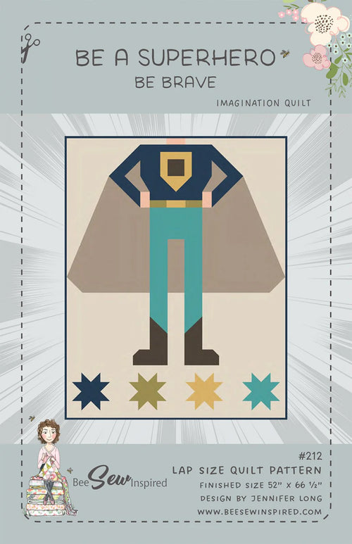 Imagination Quilt pattern cover with superhero design and text 'Be a Superhero, Be Brave'.