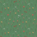 Pattern of small flowers and leaves on a green background