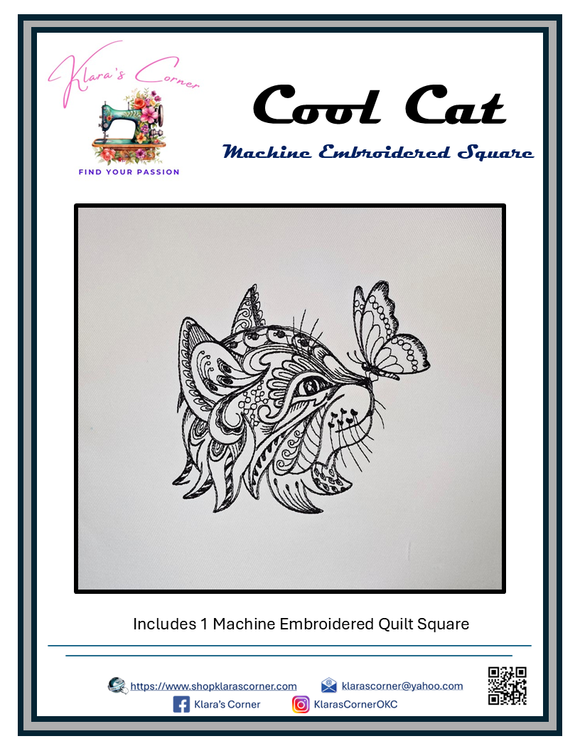 Cool Cat Machine Embroidered Square