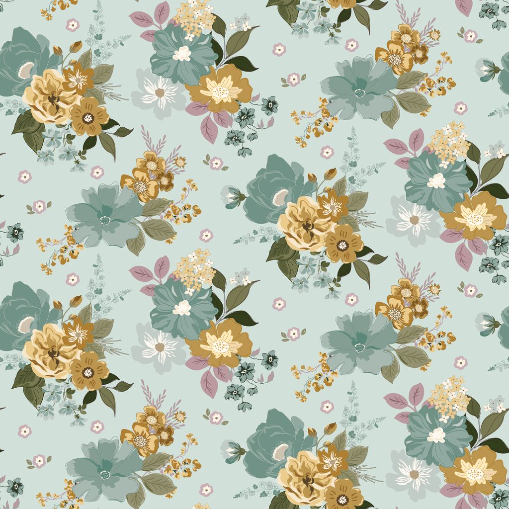 Floral pattern with yellow, green, and pink flowers on a light blue background