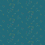 Teal patterned fabric with small white and yellow shapes