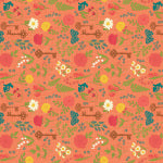 Pattern of autumn leaves and fruits on a red background