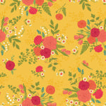 Floral pattern with red flowers and green leaves on a yellow background