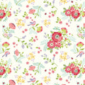 Floral pattern with pink flowers, green leaves, and small birds on a white background.