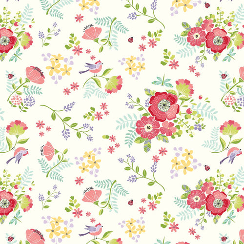 Floral pattern with pink flowers, green leaves, and small birds on a white background.