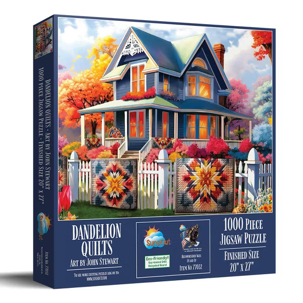 Jigsaw puzzle box featuring a colorful quilt design and house, with 'Dandelion Quilts' branding.