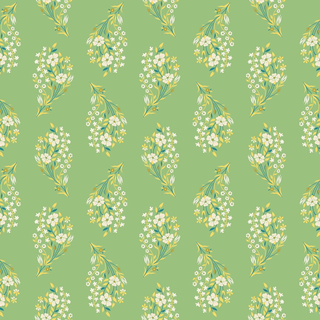 Floral pattern with white flowers and green leaves on a green background