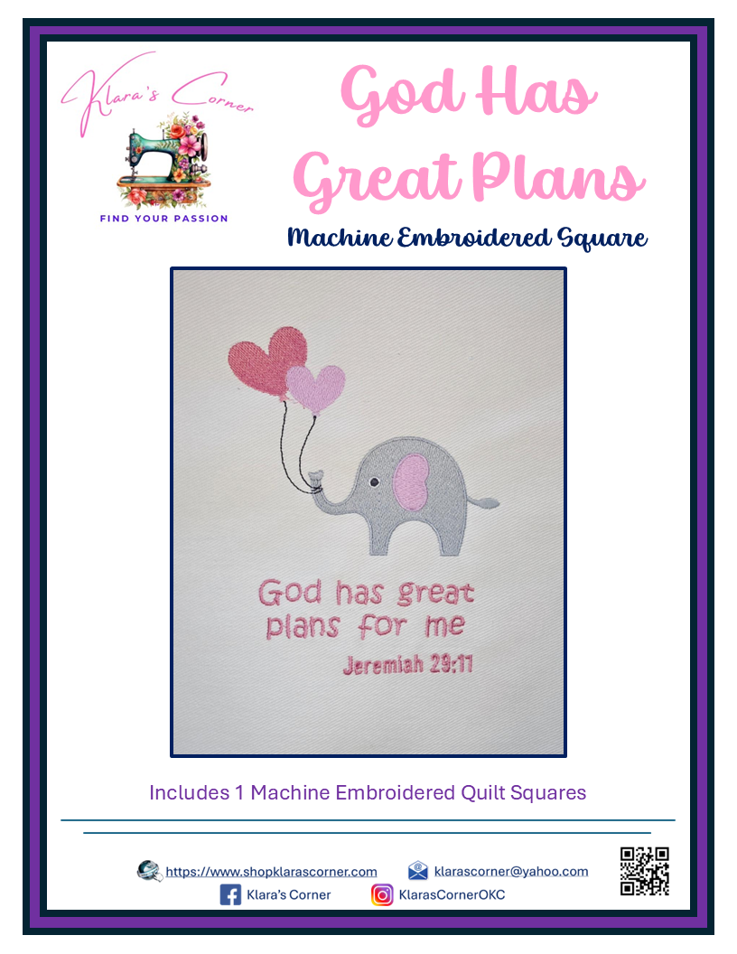 God Has Great Plans Machine Embroidered Square - Pink