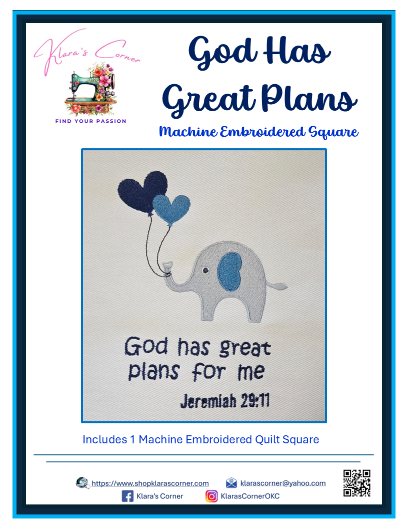 God Has Great Plans Machine Embroidered Square - Blue