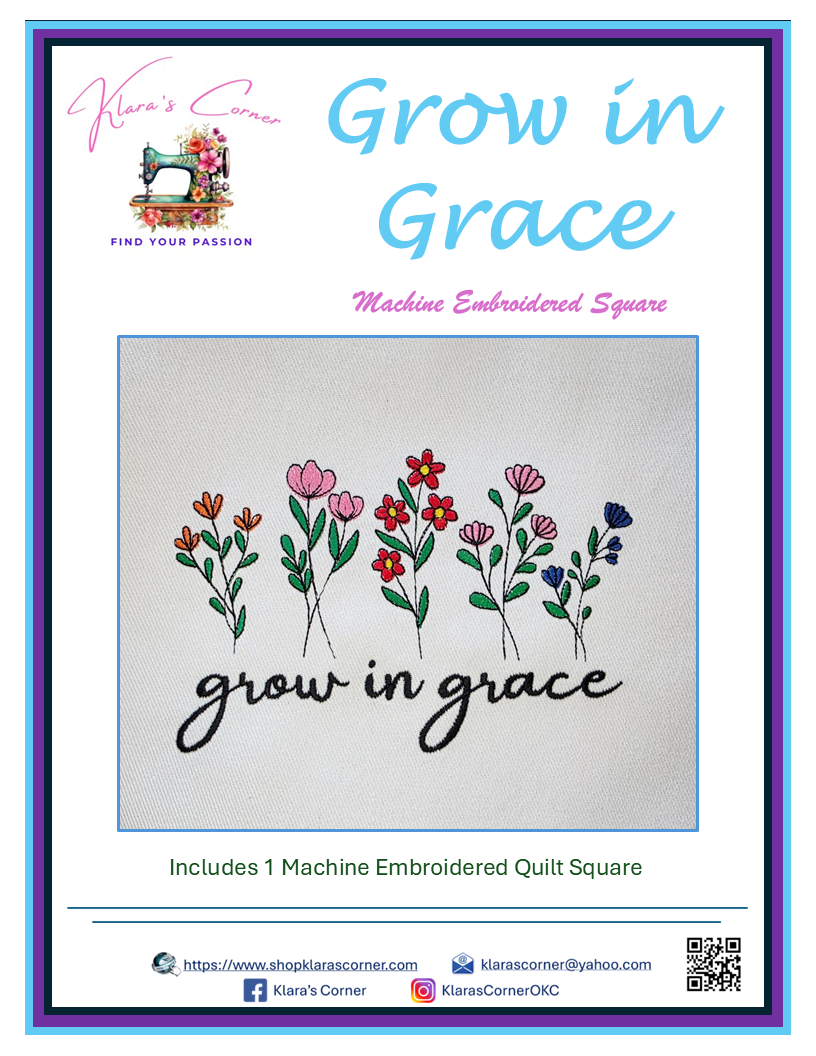 Grow in Grace Machine Embroidered Quilt Square
