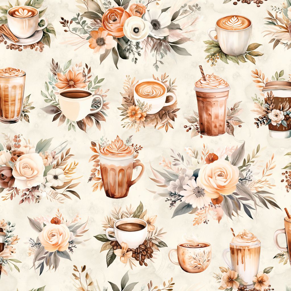 Pattern of coffee cups and floral elements on a light background