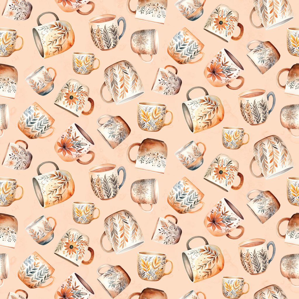 Pattern of decorative mugs with floral designs on a peach background