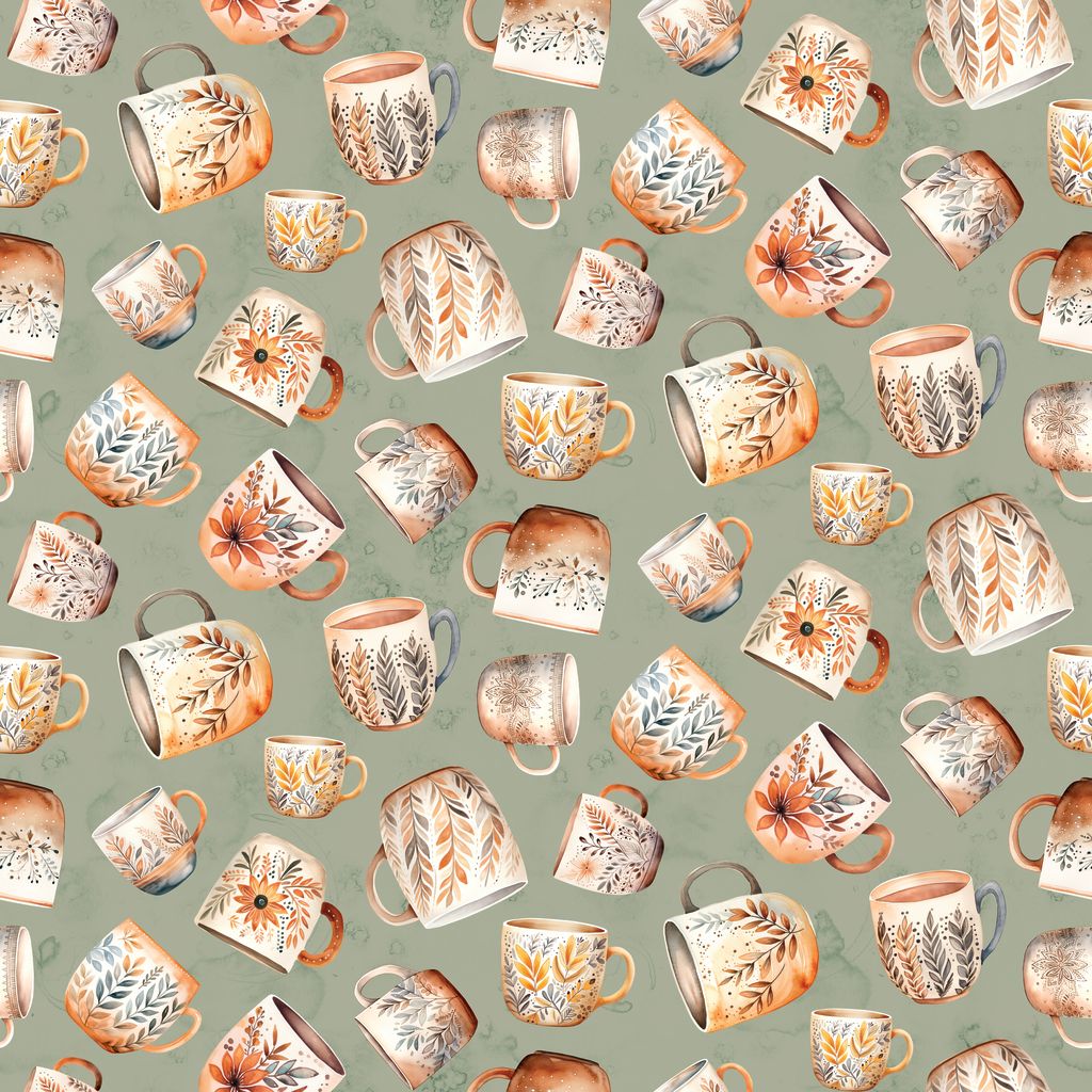 Pattern of decorative mugs with floral designs on a green background