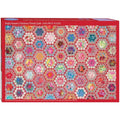 Jigsaw puzzle box with colorful floral pattern on a red background
