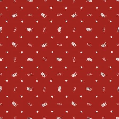 Red pattern with white icons and text on a red background