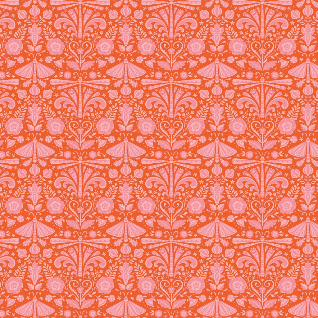 Decorative pattern with pink designs on a red background