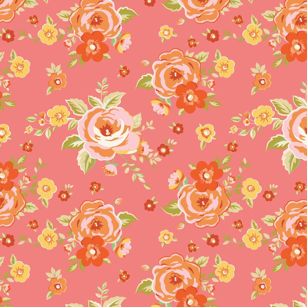 Floral pattern with orange and yellow flowers on a pink background