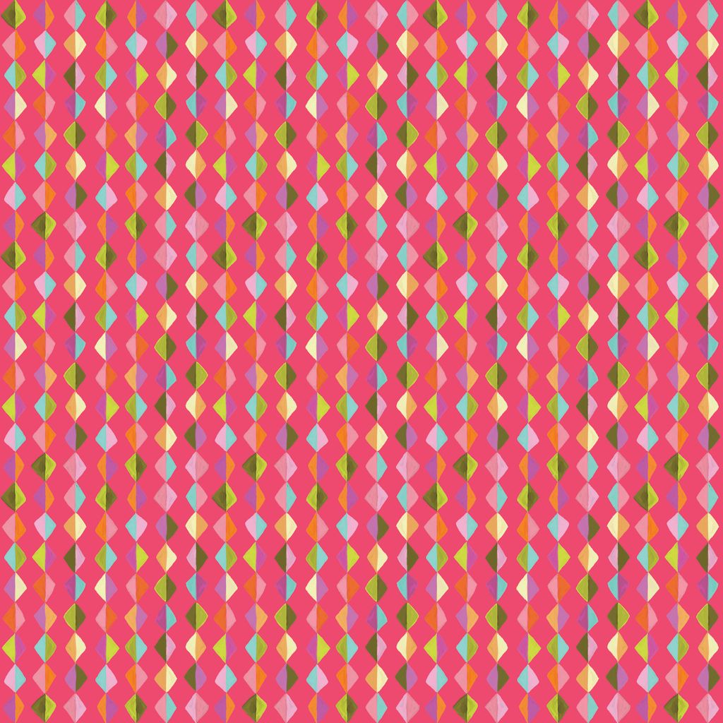 Pattern of colorful diamond shapes on a pink background