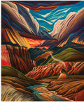 Colorful abstract landscape painting with swirling patterns and vibrant colors.