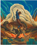 Painting of a cowboy on horseback in a desert landscape with cacti and mountains.