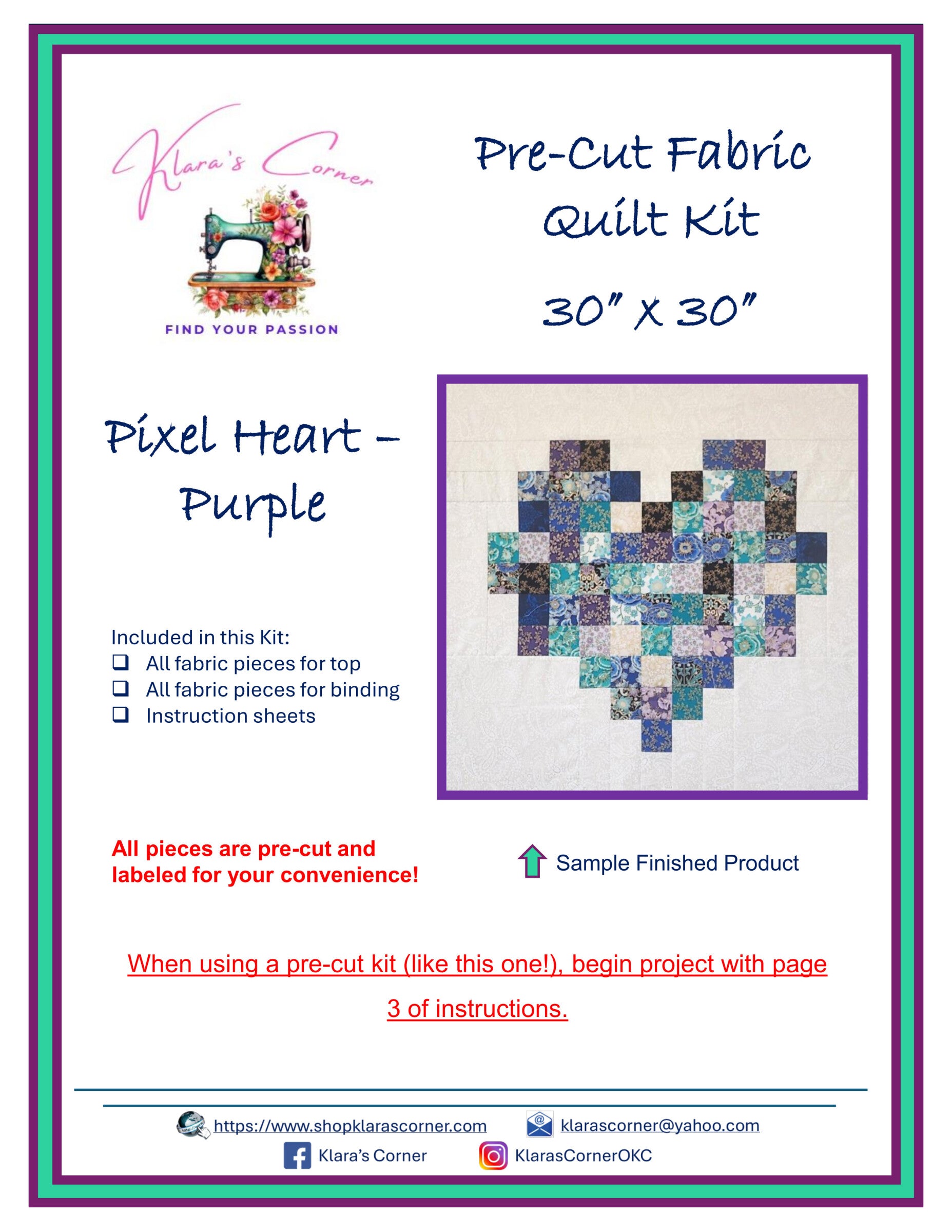 Pixel Heart Quilt Kit Purple