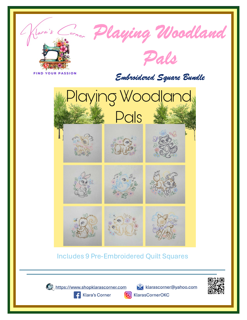 Embroidered square bundle packaging for 'Playing Woodland Pals' with Klaras Corner branding.