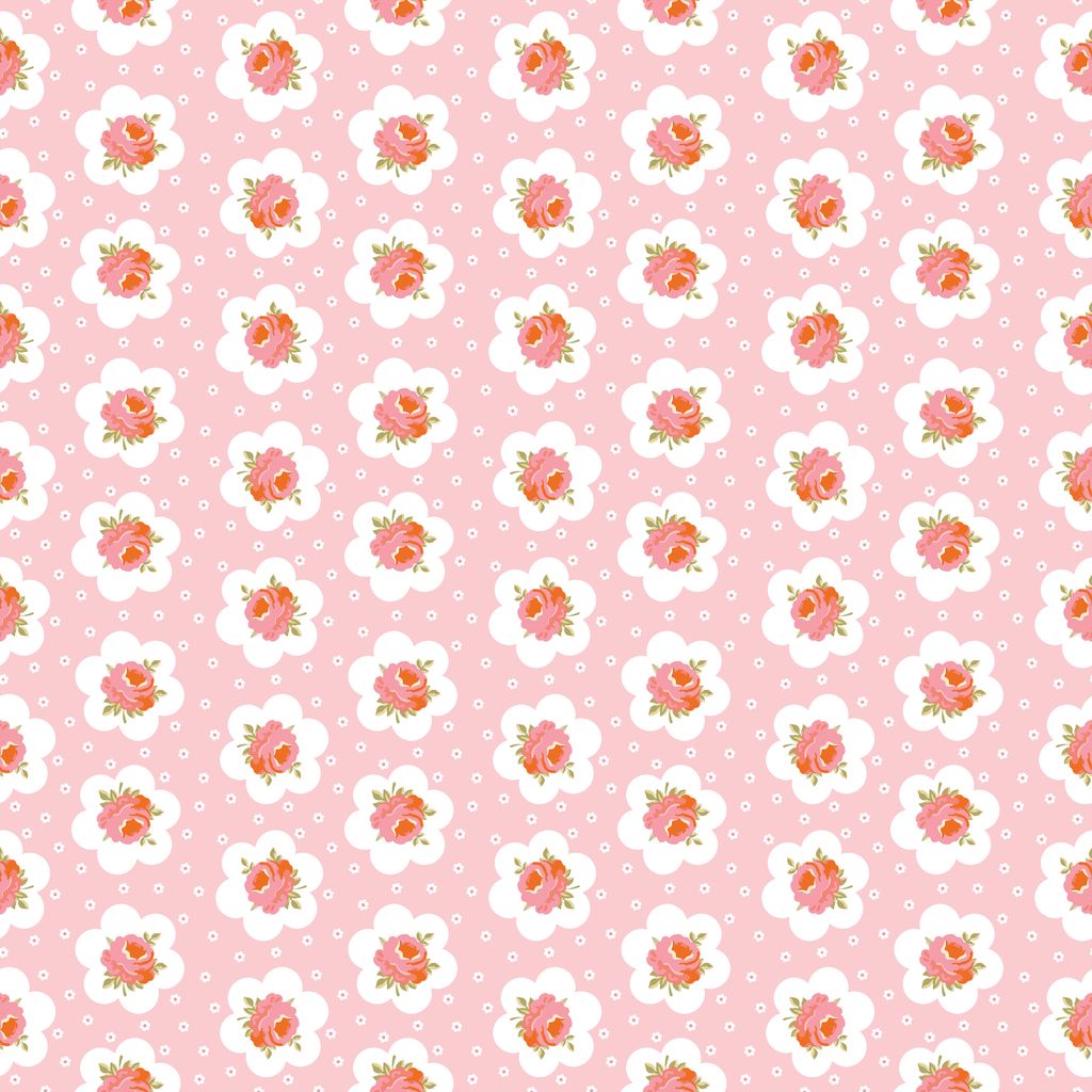 Pattern of small flowers and polka dots on a pink background