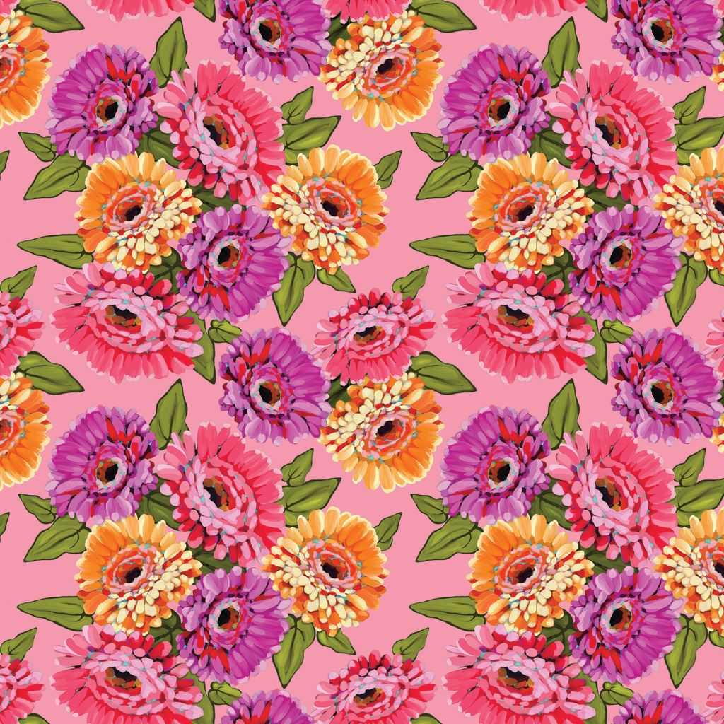 Pattern of colorful flowers on a pink background