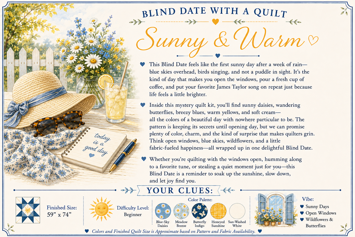 A square blind date with a quilt informational card featuring a quilted fabric sample, decorative floral border, and descriptive text about the quilt pattern and clues.