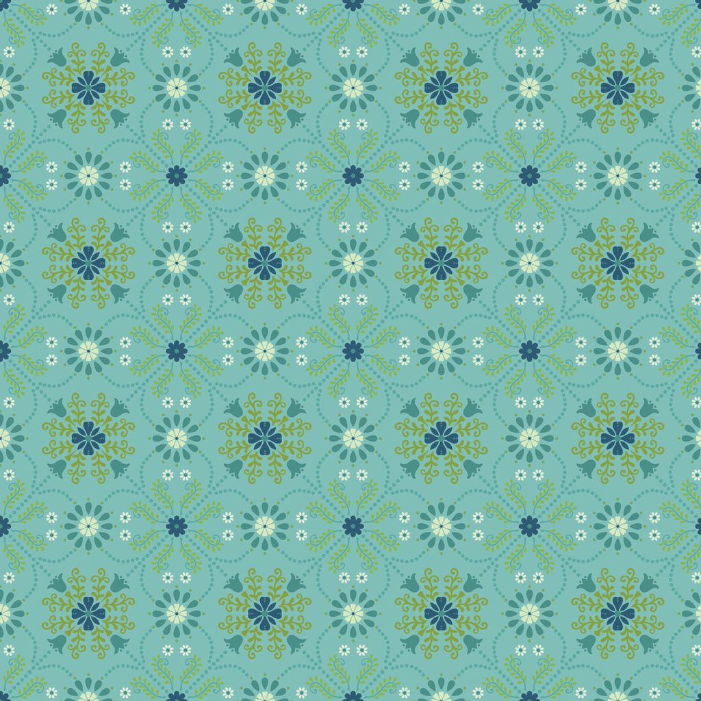 Patterned fabric with blue and green floral design on a teal background