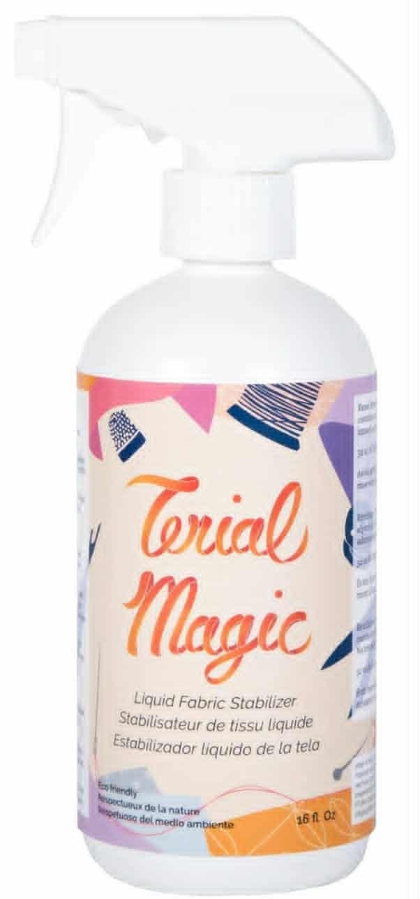Terial Magic liquid fabric stabilizer spray bottle with colorful label