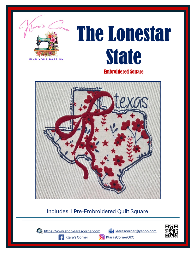 Embroidered square of Texas with floral design on a white background, featuring Klaras Corner branding.