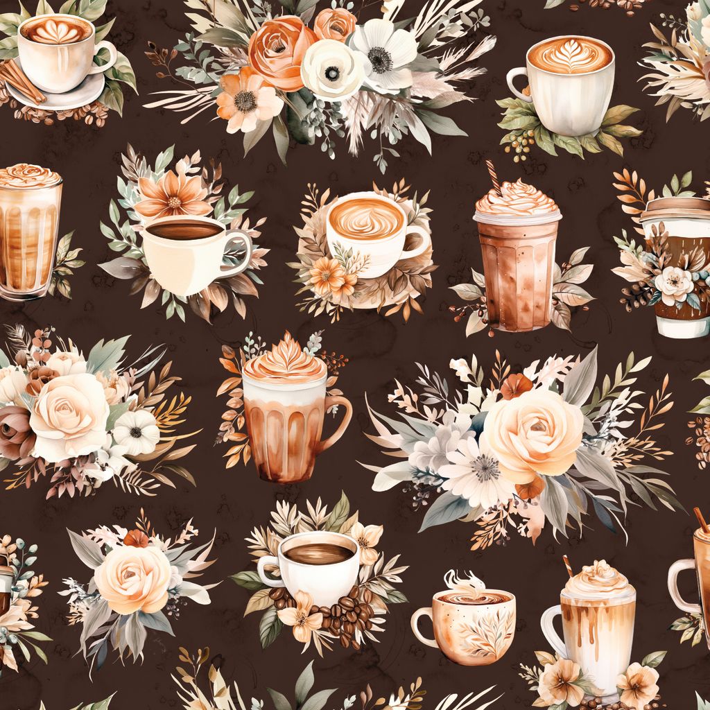 Pattern of coffee cups and flowers on a dark background