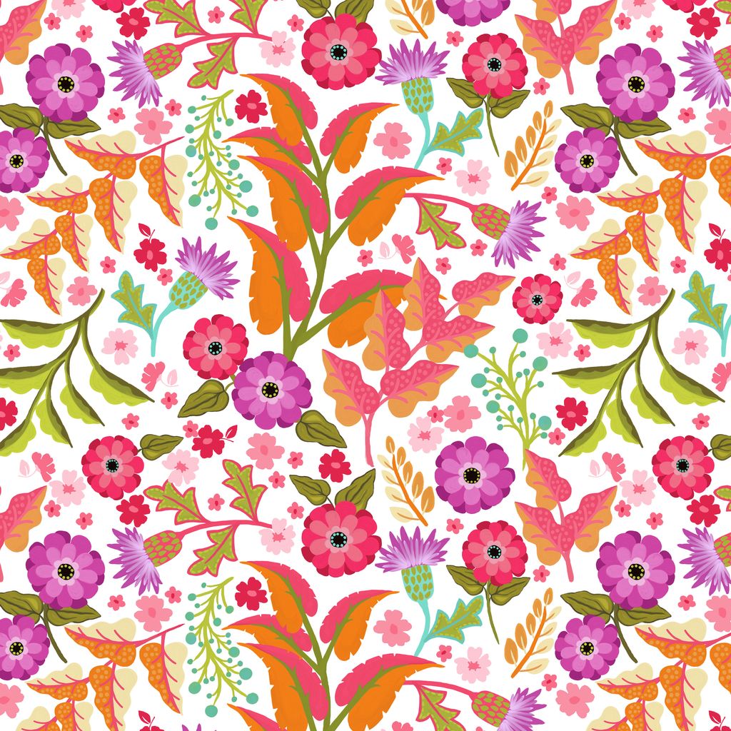 Colorful floral pattern with pink, orange, and green flowers on a white background