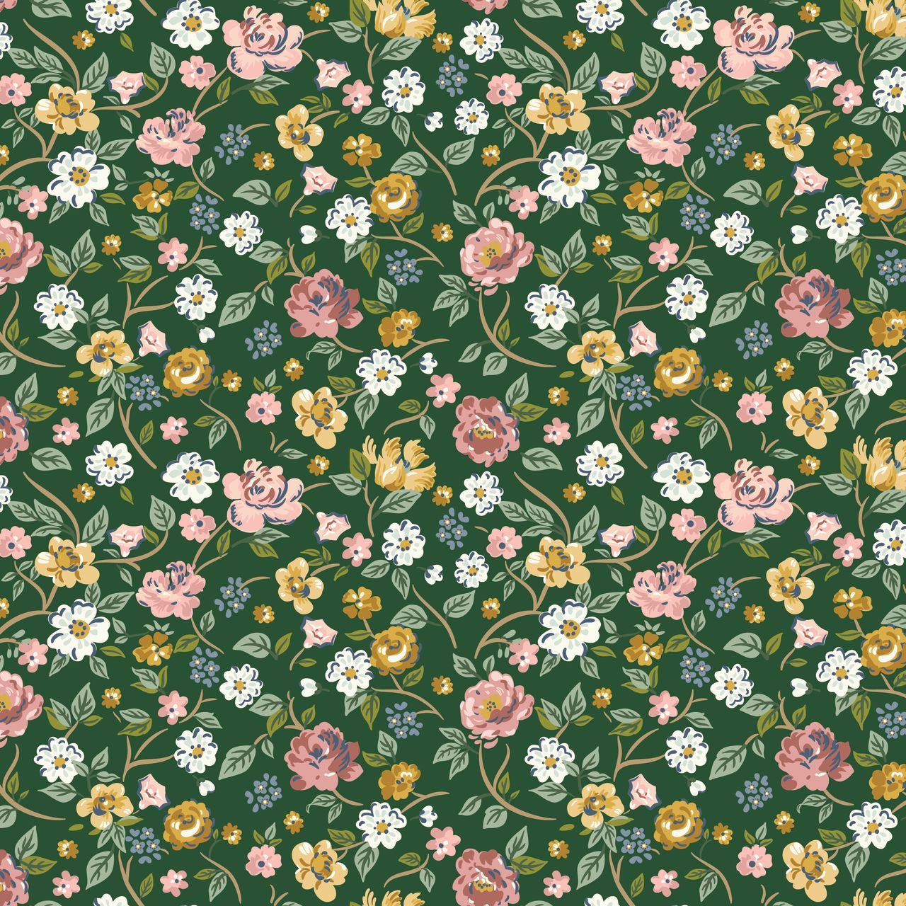 Floral pattern with pink, yellow, and white flowers on a green background